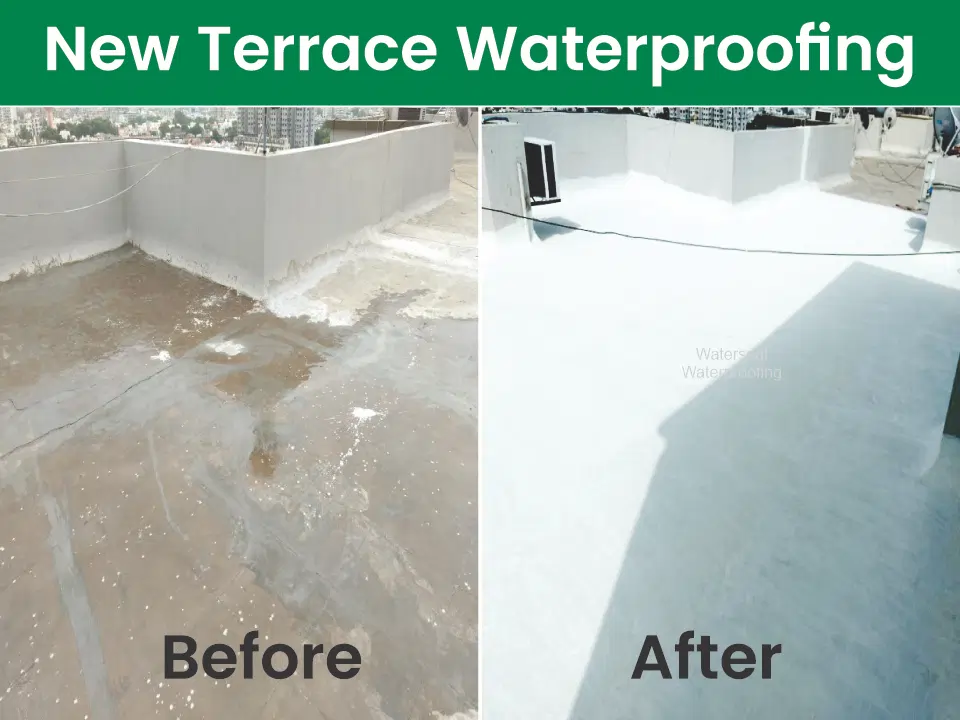 new terrace waterproofing before and after in Ahmedabad showing leak proof coating